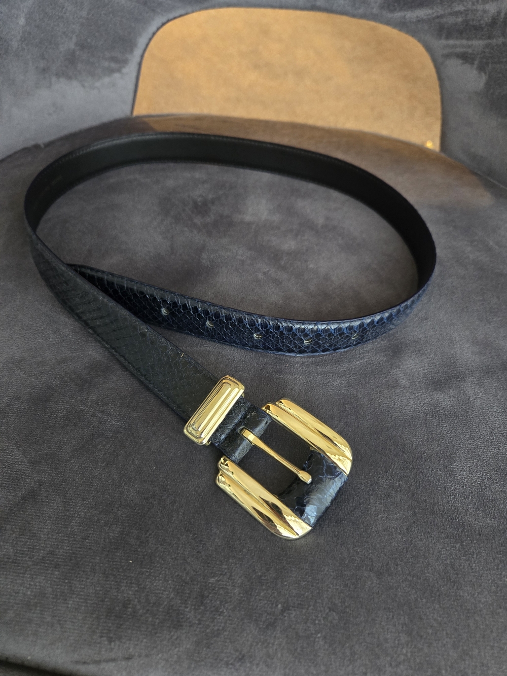 Vintage Leather Shop Navy Blue Genuine Snakeskin Exotic Leather Belt Size M Gold